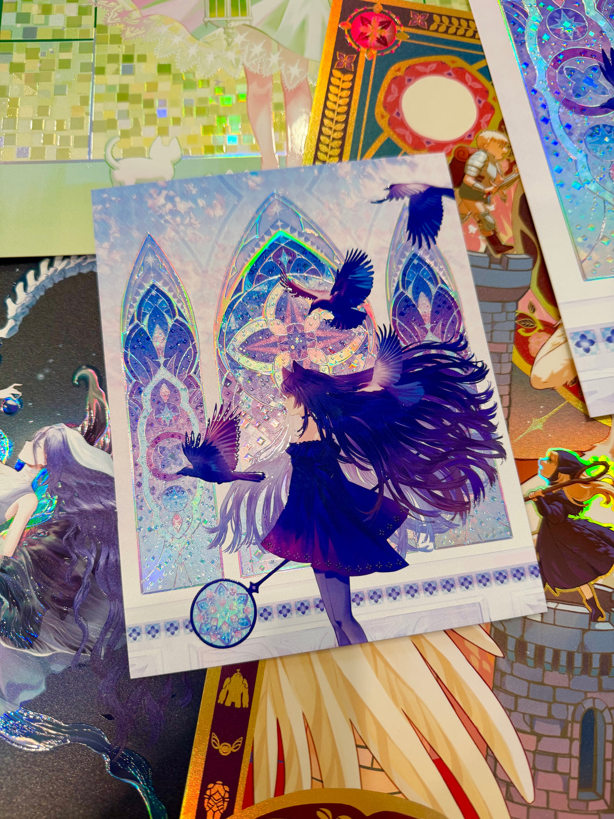 Blue Stained Glass Original Illustration 11x14 or 5x7 Holographic Foil + UV Gloss Print