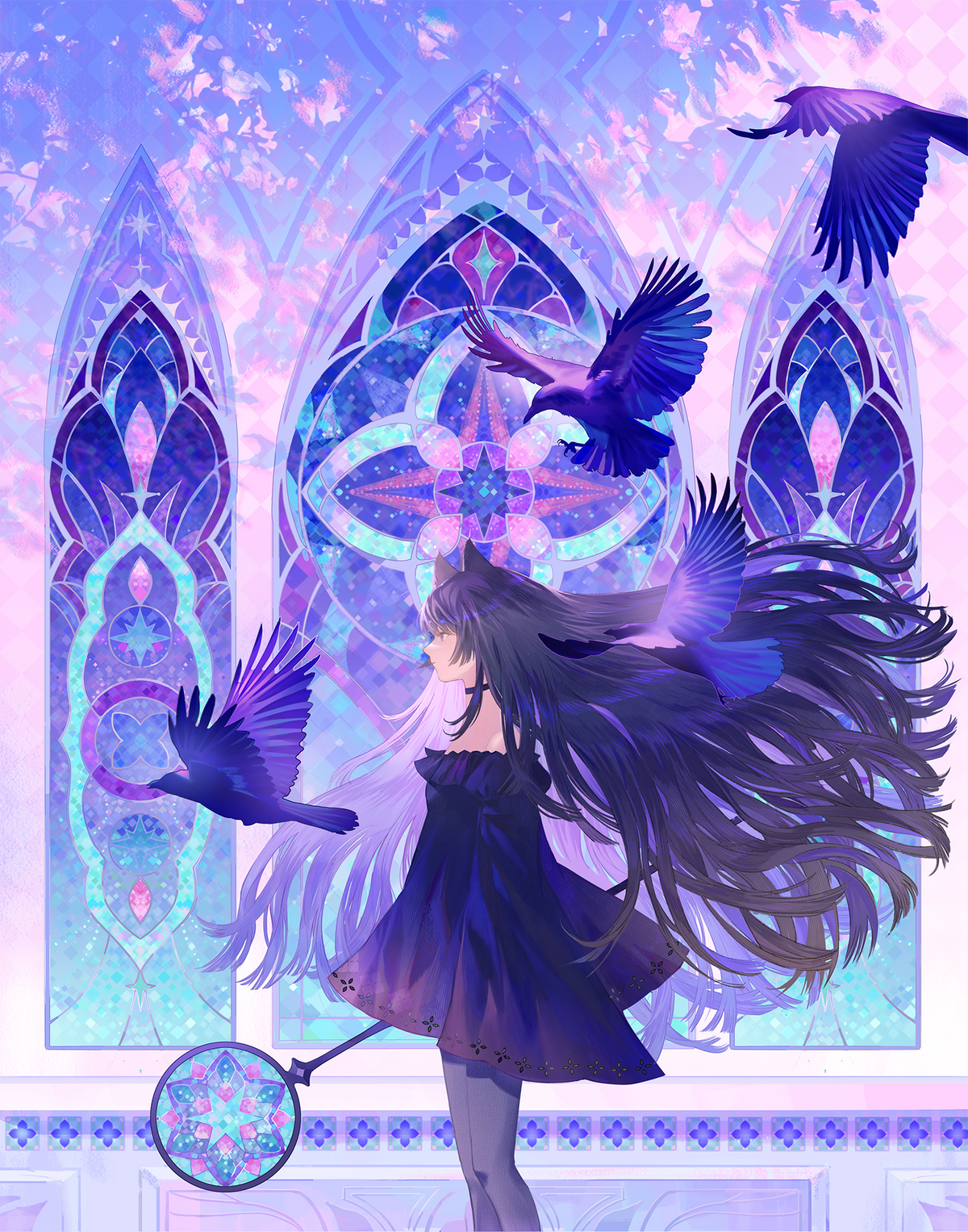 Blue Stained Glass Original Illustration 11x14 or 5x7 Holographic Foil + UV Gloss Print