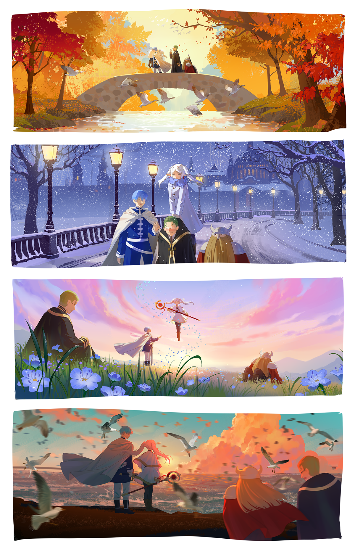 Frieren Beyond Journey's End Art Print, 4 Seasons Anime Landscape, Himmel, Heiter, Eisen version (11x17")